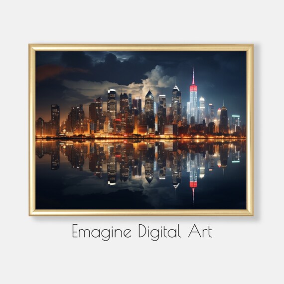 Art New York City Skyline At Night Photo Urban Wall Decor To Instantly Print And Frame Pl21