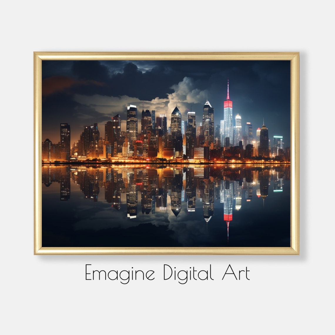 New York City Skyline at Night Reflections Urban Photo Style Wall Art