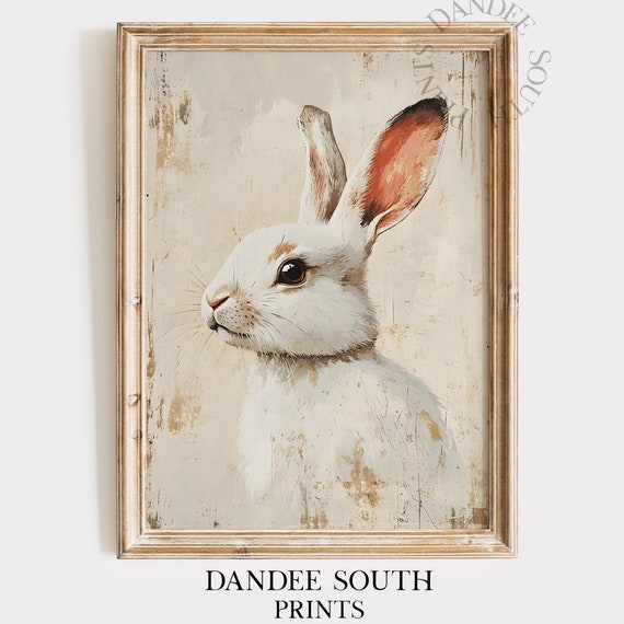 Vintage Bunny Wall Art Painting Country Farmhouse Rustic Spring Rabbit Decor Easter 046