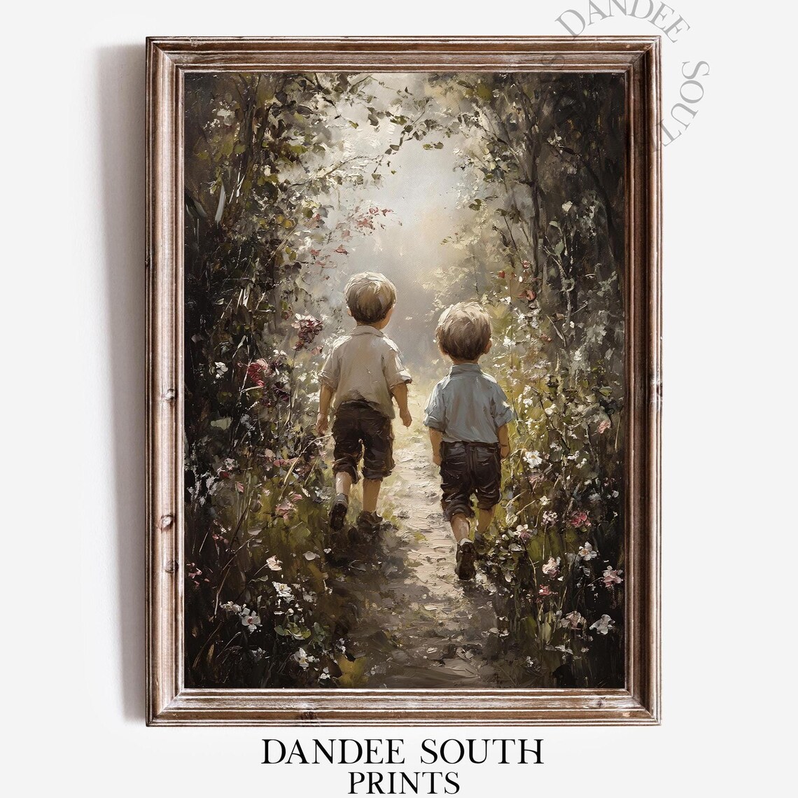 Two Boys Walking Down a Flower Garden Path Vintage Art Print
