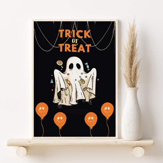 Trick Or Treat Halloween Poster, Cute Ghost Kids Decor