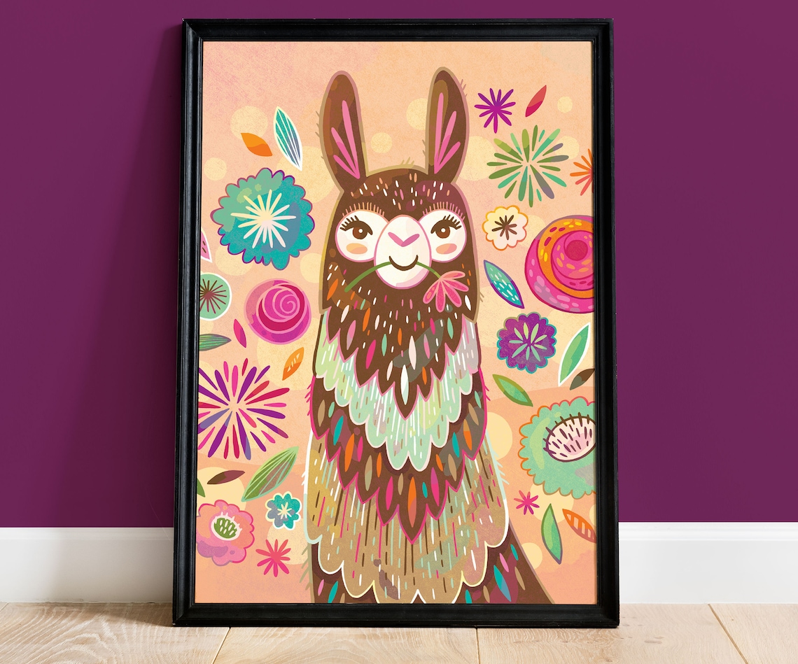 Boho Llama and Flowers Art Print, Bright Decor
