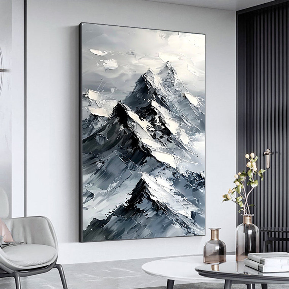 Black And White Snowy Mountain Peak Vertical Painting Poster - Image 5