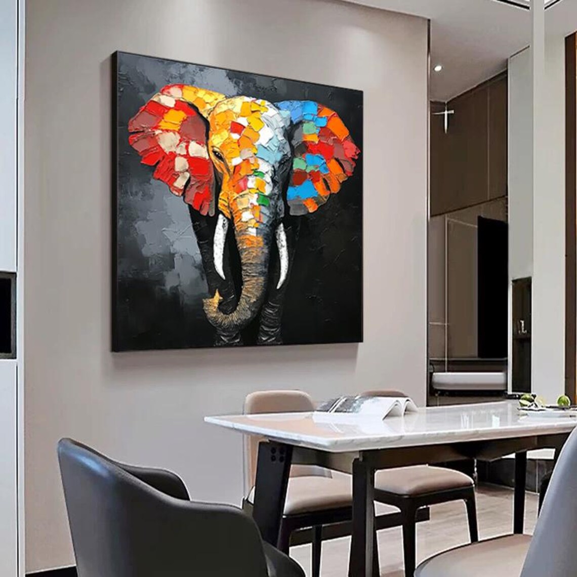 Colorful Mosaic Elephant Head On Deep Black Background Statement Art Poster - Image 5