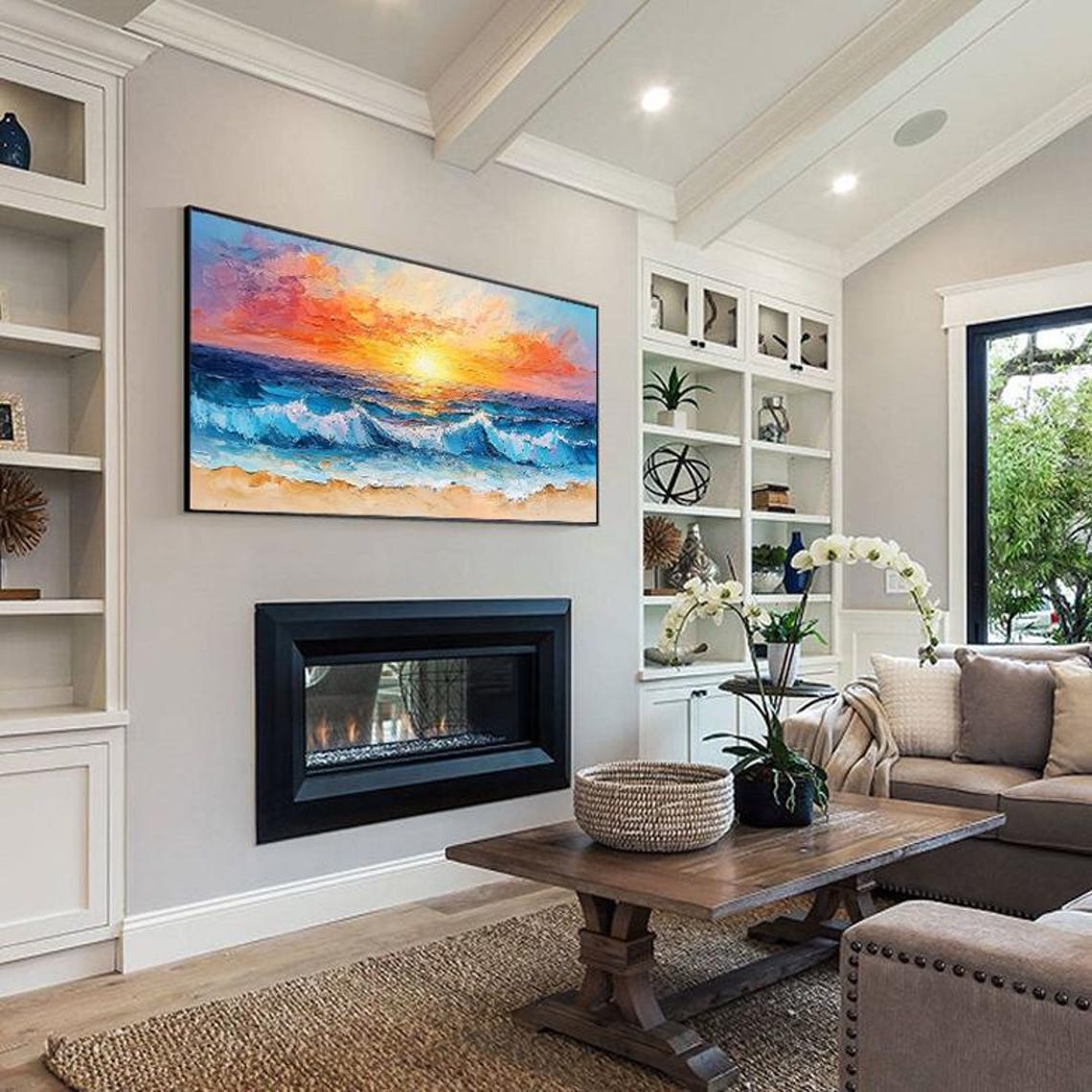 Ocean Sunset Beach Waves Over Golden Horizon Coast Painting Poster - Image 5