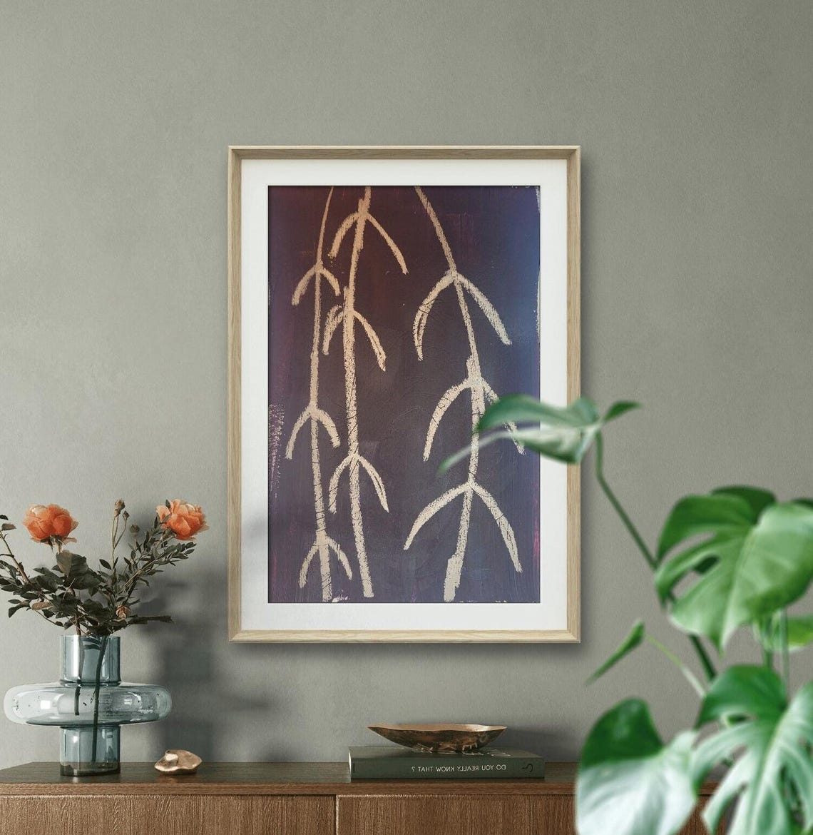 Minimalist Blush Branch Strokes On Black Modern Painting Poster - Image 3