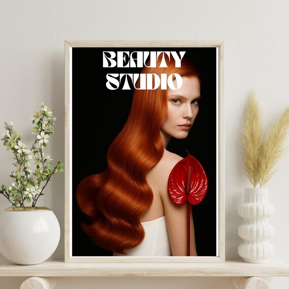 Beauty Studio Redhead Woman Modern Typography Hair Salon Poster