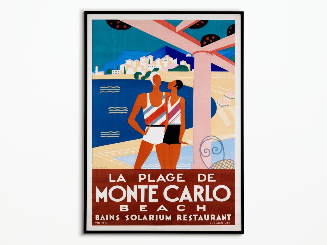 Monte Carlo Beach Vintage French Riviera Poster Bathing Beauties Retro