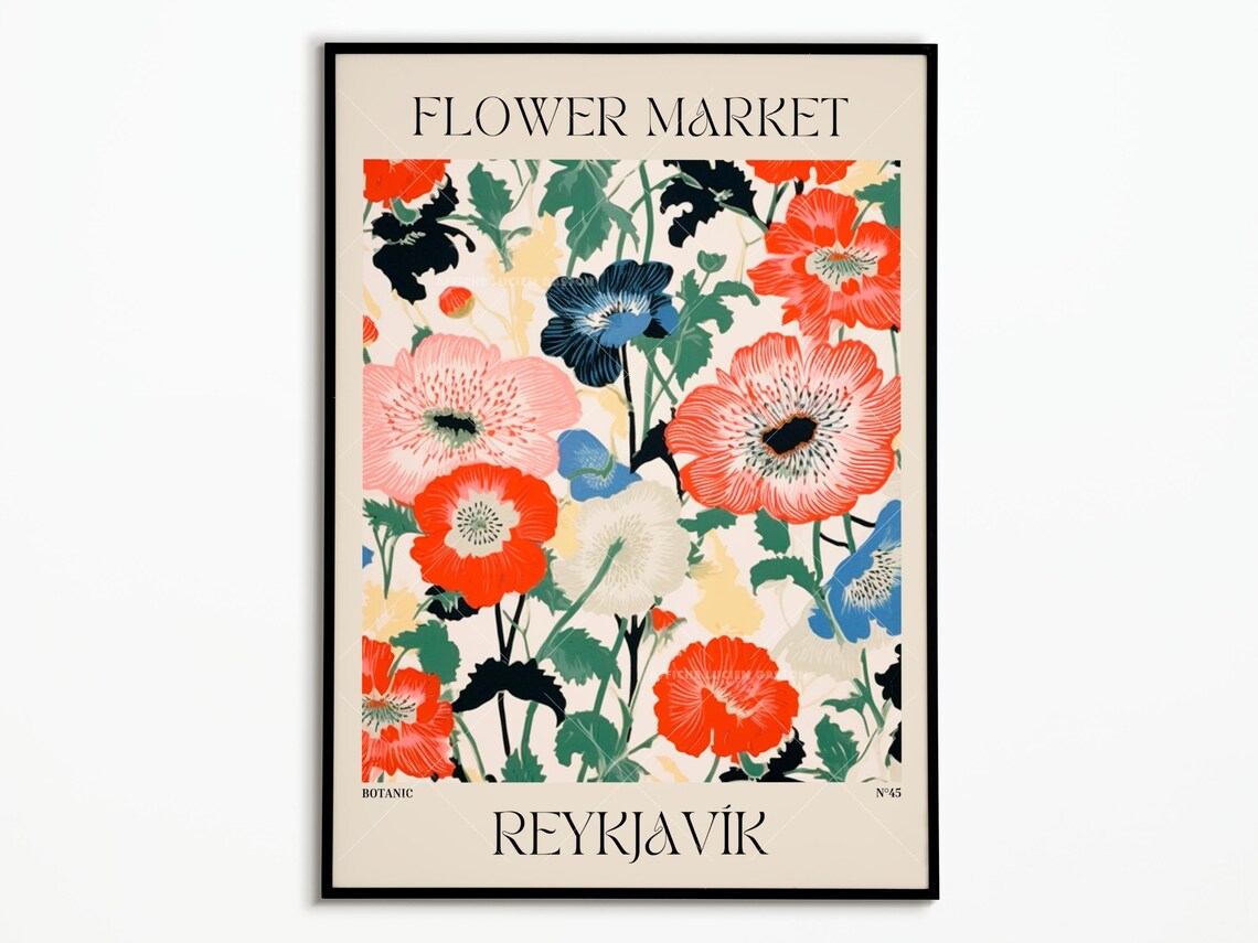 Flower Market Reykjavik Poster, Botanical Art Print