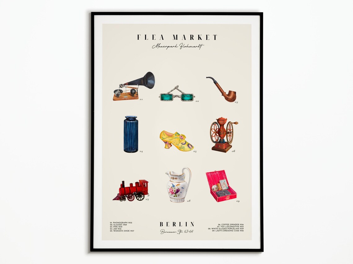 Flea Market Berlin Mauerpark Vintage Finds Illustrated Chart Poster