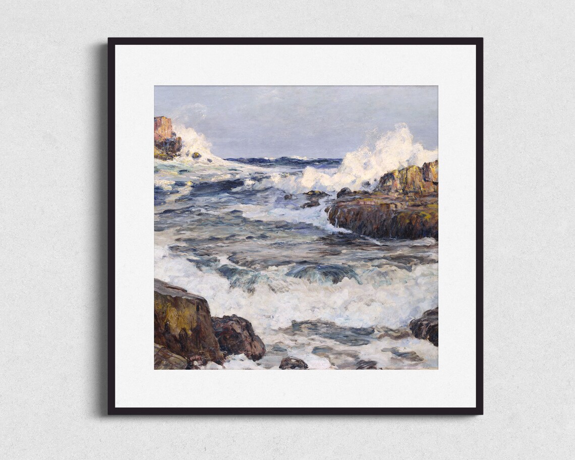 Ocean Surf Breaking Rocky Coast White Spray Vintage Square Seascape Painting Poster - Image 2