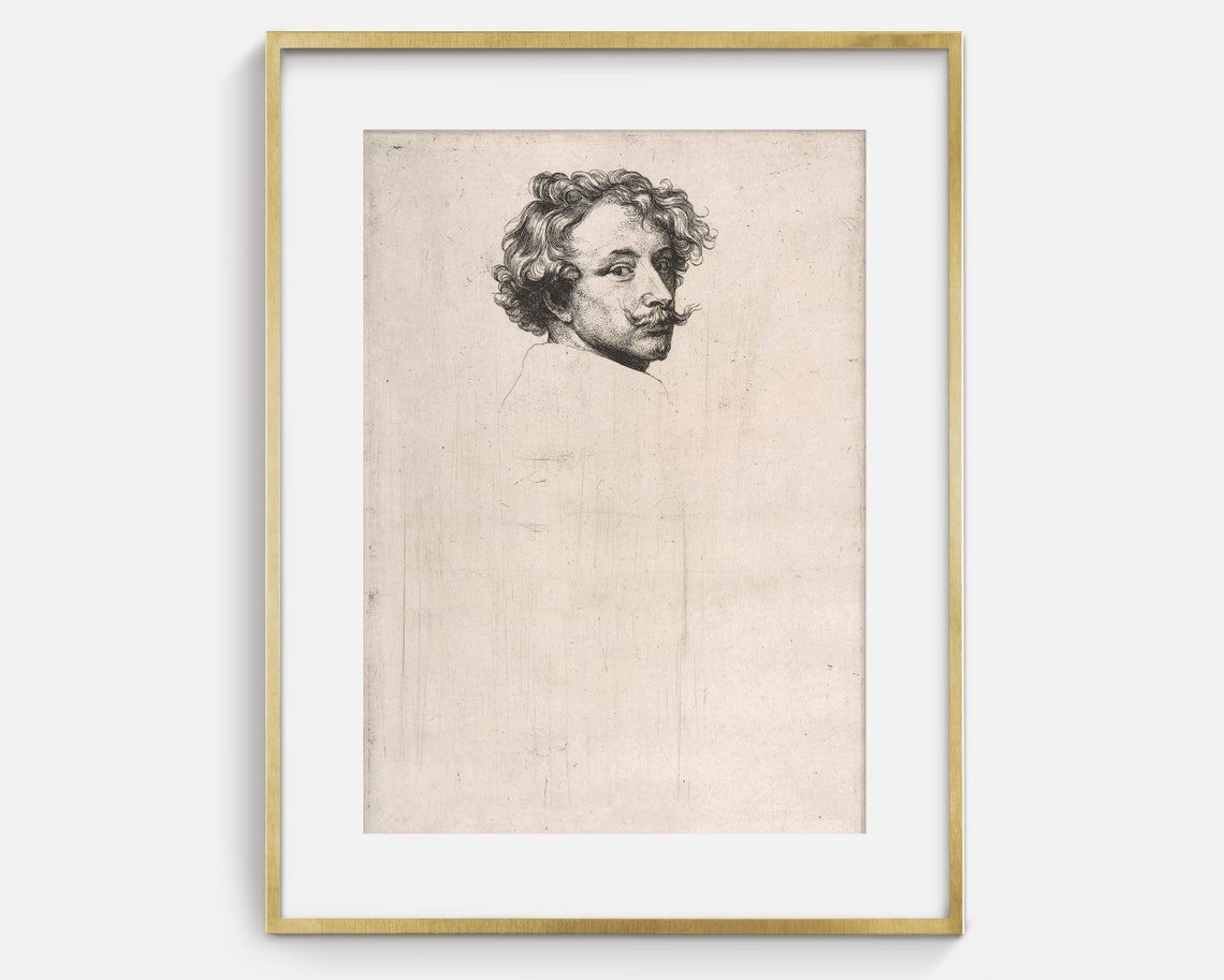 Curly Haired Man Mustache Vintage Engraving Portrait Sketch Art Poster - Image 2