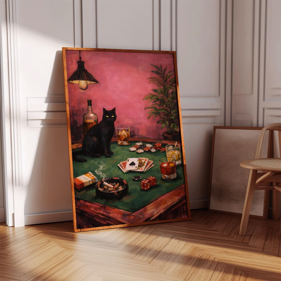 Black Cat Poker Night Art Print, Moody Bar