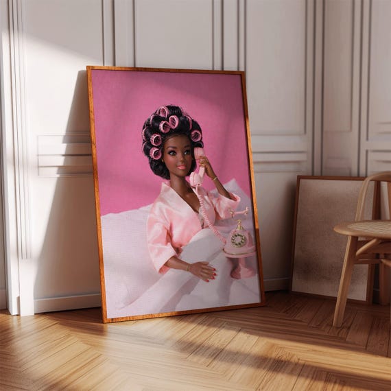 Retro Doll Print Pink Preppy Diva With Curlers Bedroom Wall Art Digital Download