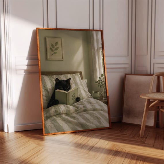Cat Reading In Bed Print Green Wall Art Digital Download
