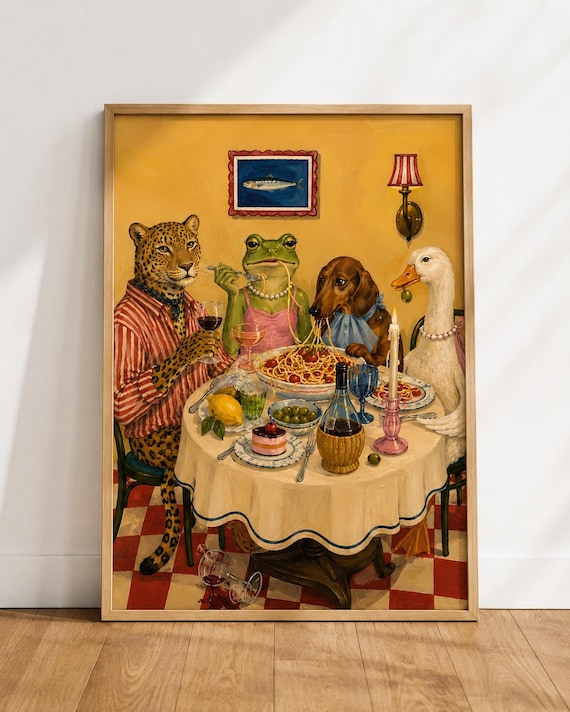Funny Animal Dinner Party Leopard Frog Dachshund Goose Spaghetti Poster