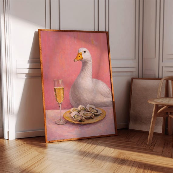 Funny Duck Wall Art Champagne And Oysters Print Pink Kitchen Decor