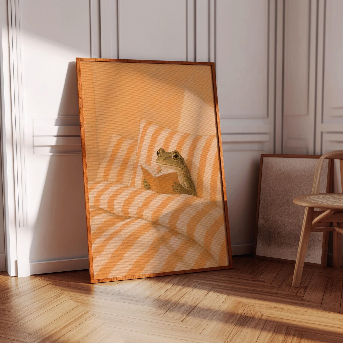 Frog Reading Book In Bed Cozy Orange Danish Pastel Sunlit Poster