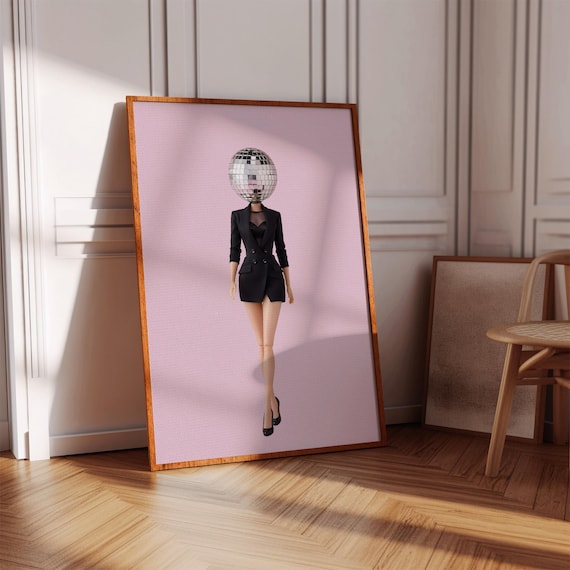 Barbie Doll Disco Ball Head Black Blazer Surreal Fashion Art Poster