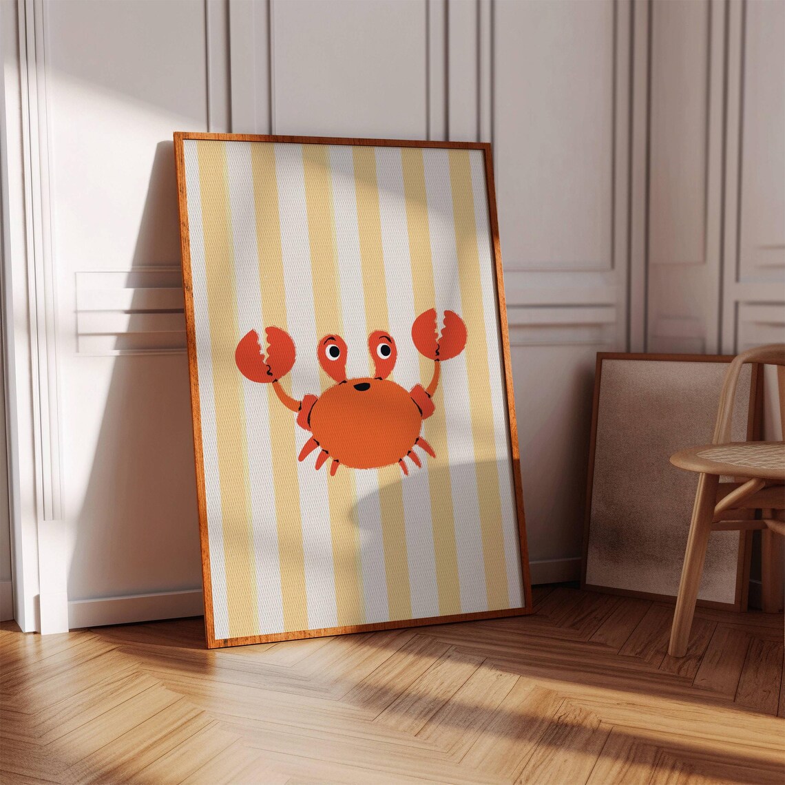 Cute Red Crab Illustration On Yellow Cabana Stripes Summer Wall Poster