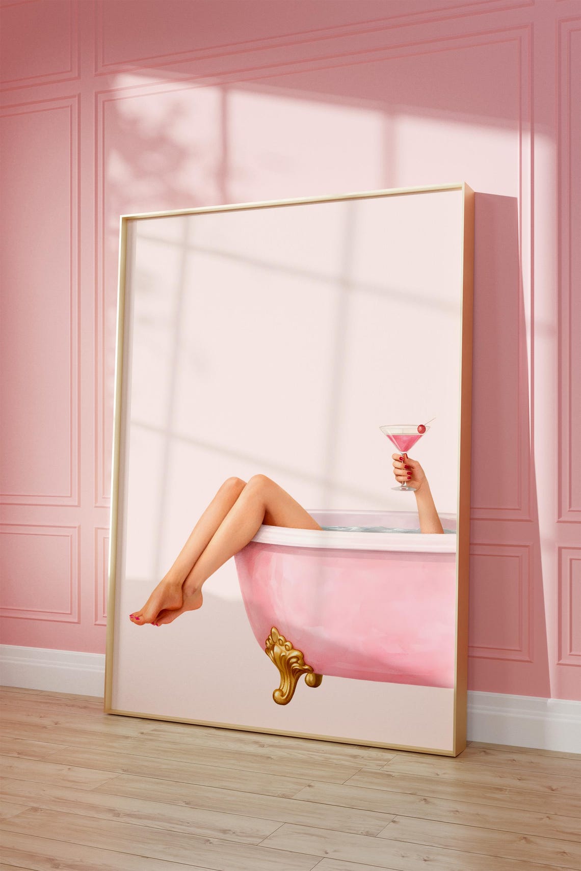 Pink Bathtub Print Cocktail Wall Decor Chic Spa Poster Feminine Bathroom Art