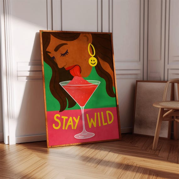Stay Wild Retro Print Cocktail Wall Art Green And Pink Poster Digital Download