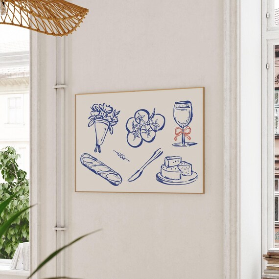 French Dinner Party Blue Line Art Baguette Wine Cheese Poster