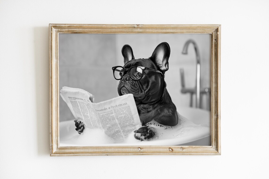 Black French Bulldog In Bathtub Bathroom Art Print - Image 3
