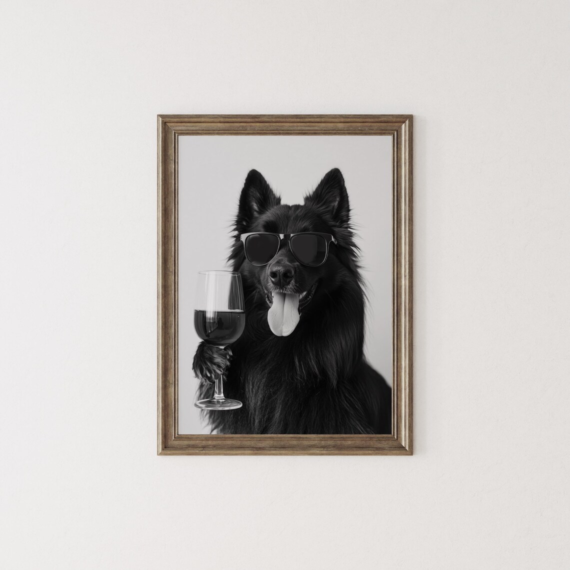 Belgian Sheepdog Drinking Wine, Black And White Art Print - Image 2