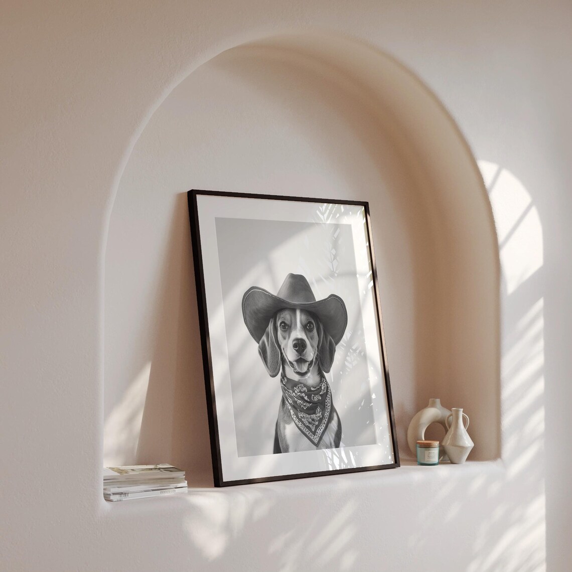 Beagle Wearing Cowboy Hat and Bandana Black and White Western Poster - Image 4