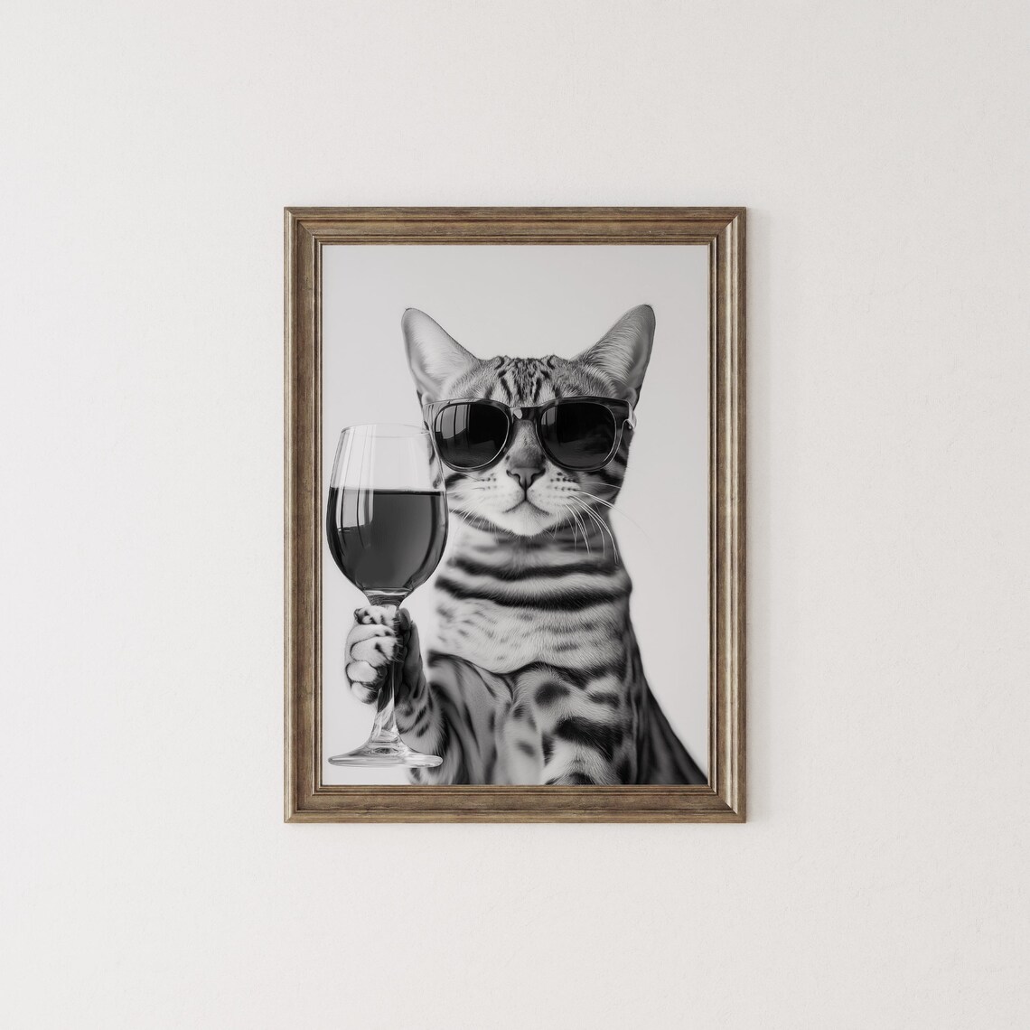 Bengal Cat Drinking Wine, Black and White Art Print - Image 2