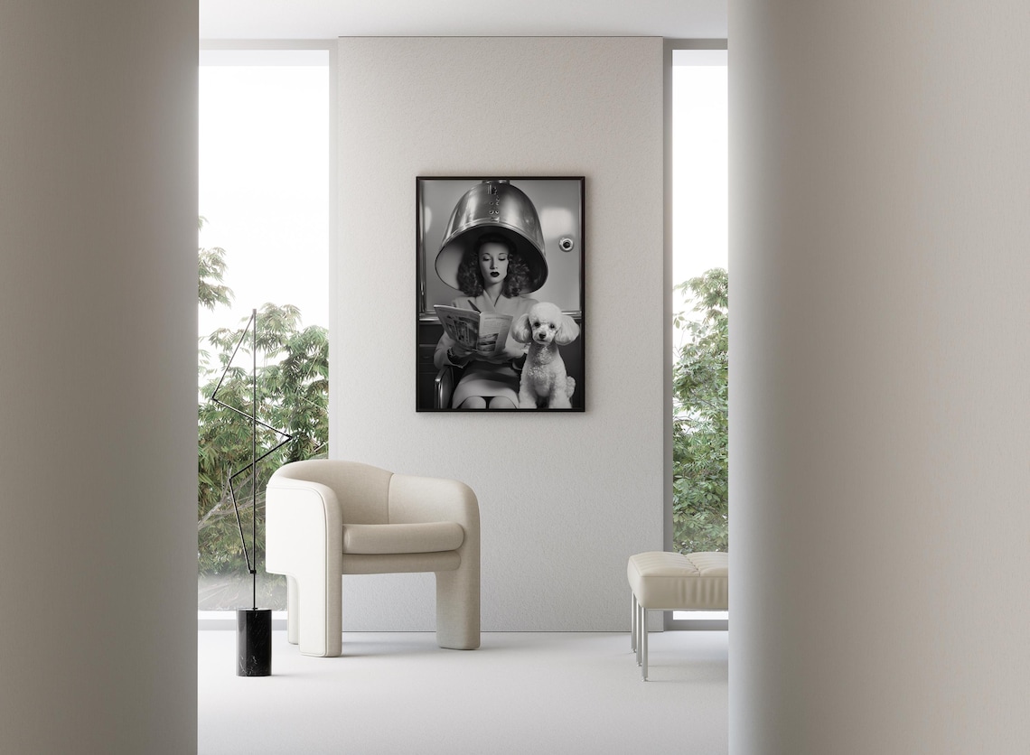 Lady and Poodle in Hair Salon, Vintage Art Print - Image 3