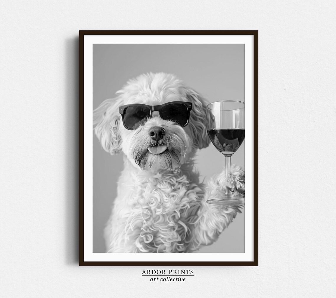 Cavachon Drinking Wine Black And White Art Print