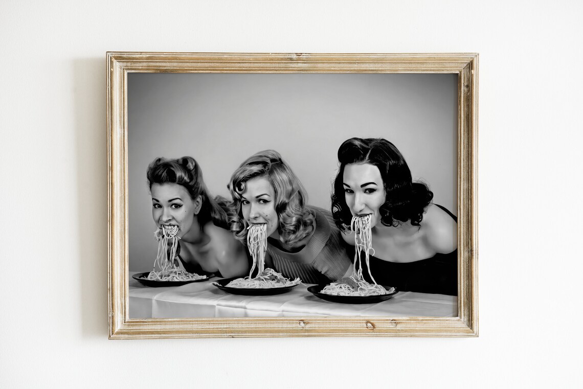 Three Women Eating Spaghetti Vintage Black White Funny Photo Poster Art - Image 2