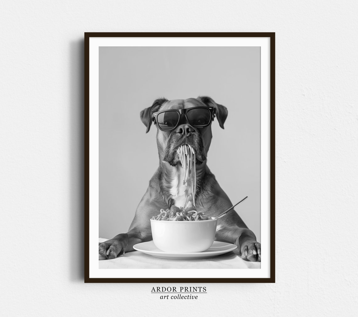 Boxer Dog Eating Spaghetti With Sunglasses Funny Food Wall Art