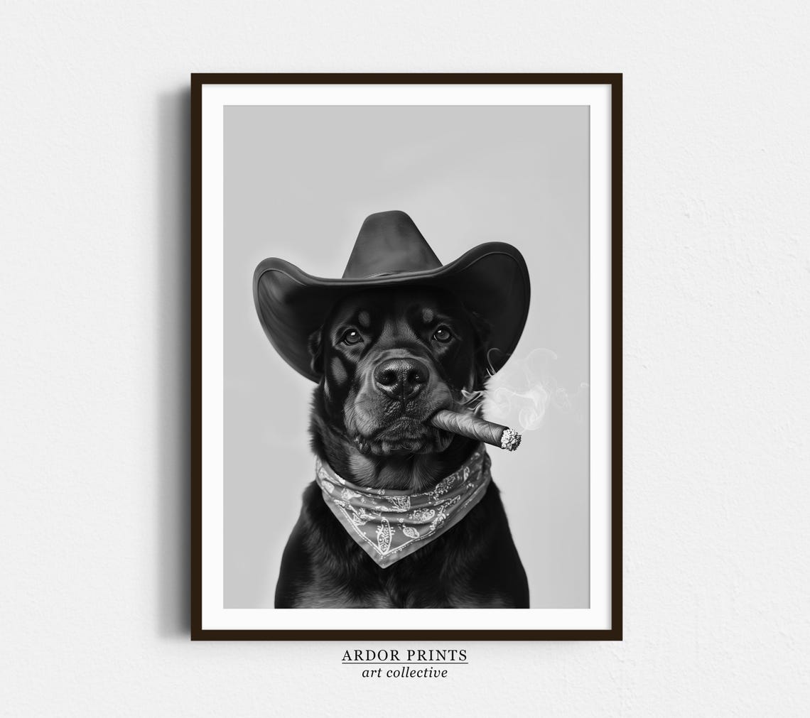 Rottweiler Cowboy Hat Bandana Cigar Western Dog Portrait Poster