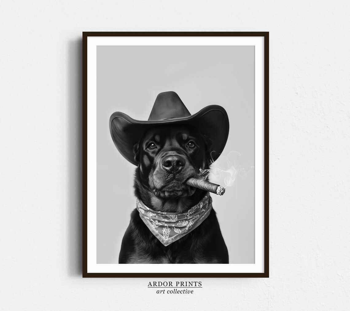 Rottweiler Cowboy Wall Art Western Print Black And White Print Dog Owner Gift Western Dog Art Vintage Dog Poster Trendy Retro Decor
