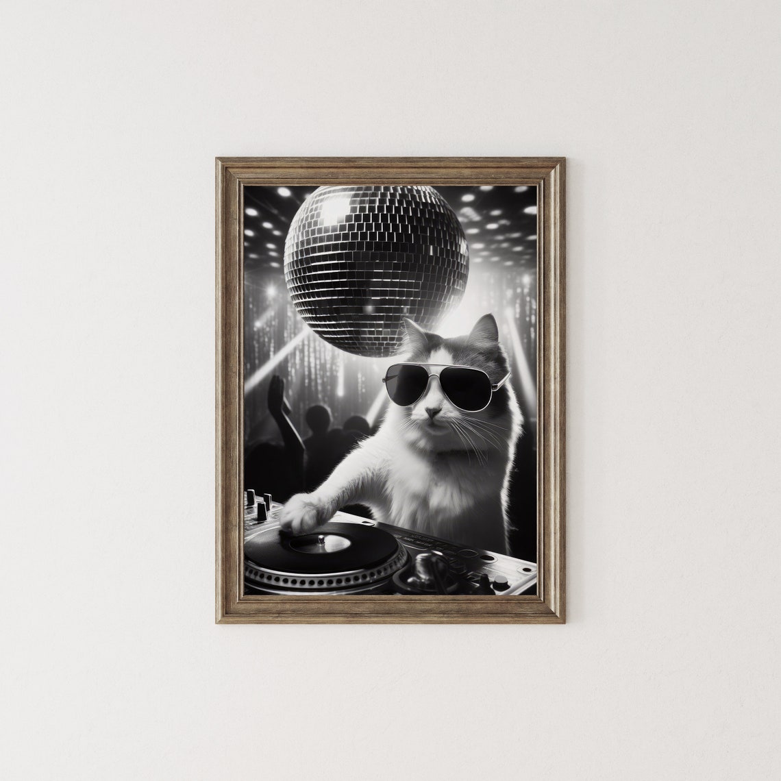 Cat DJ Spinning Records Under Disco Ball Black and White Poster - Image 2