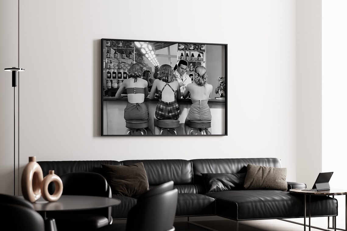 Women Drinking at Bar, Vintage Black and White Art Print - Image 3