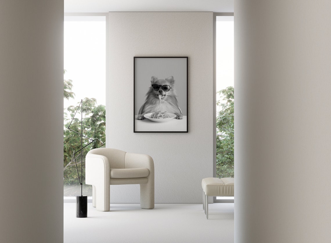 Pomeranian Eating Spaghetti With Sunglasses Black and White Poster - Image 3