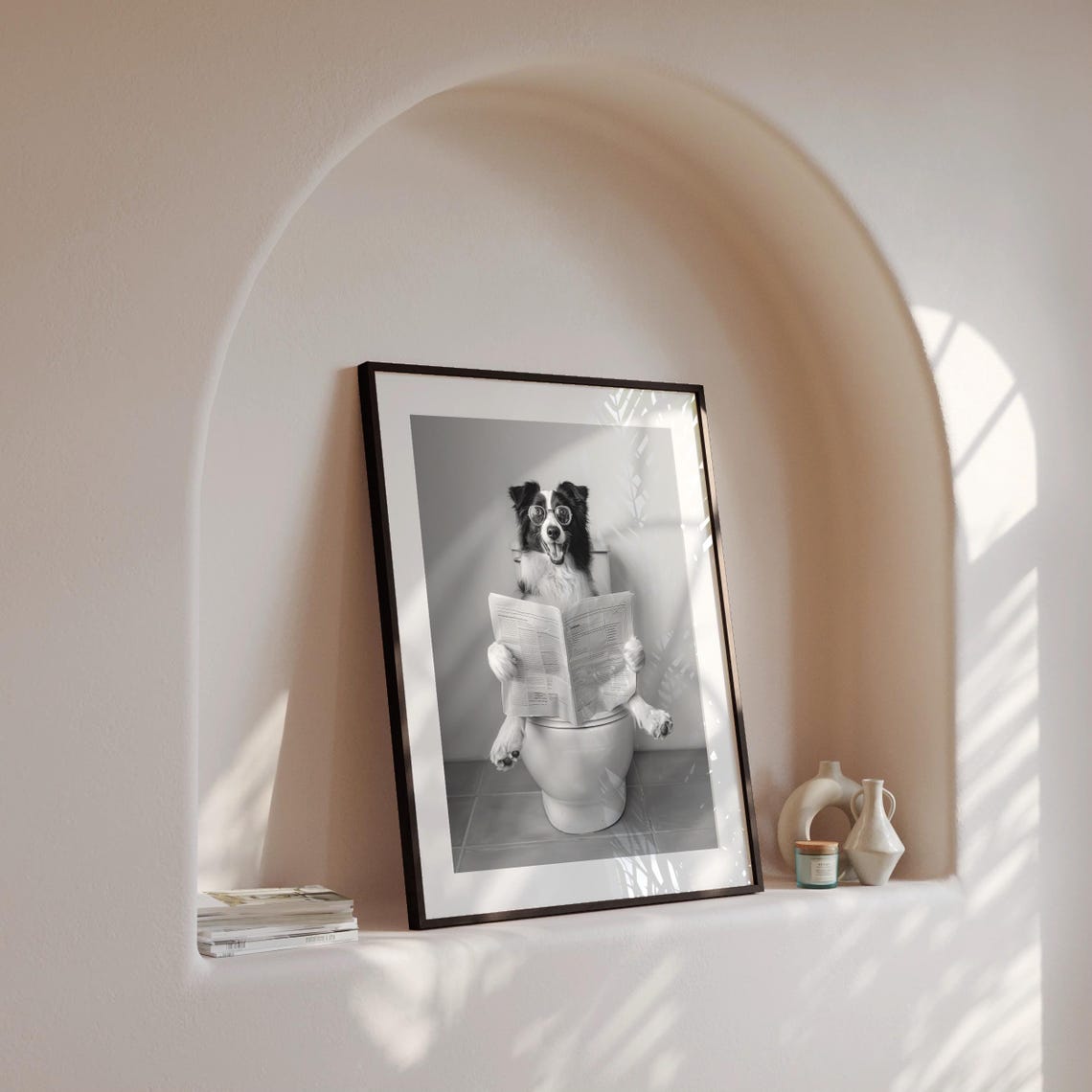 Border Collie Reading Newspaper On Toilet Funny Bathroom Poster - Image 4
