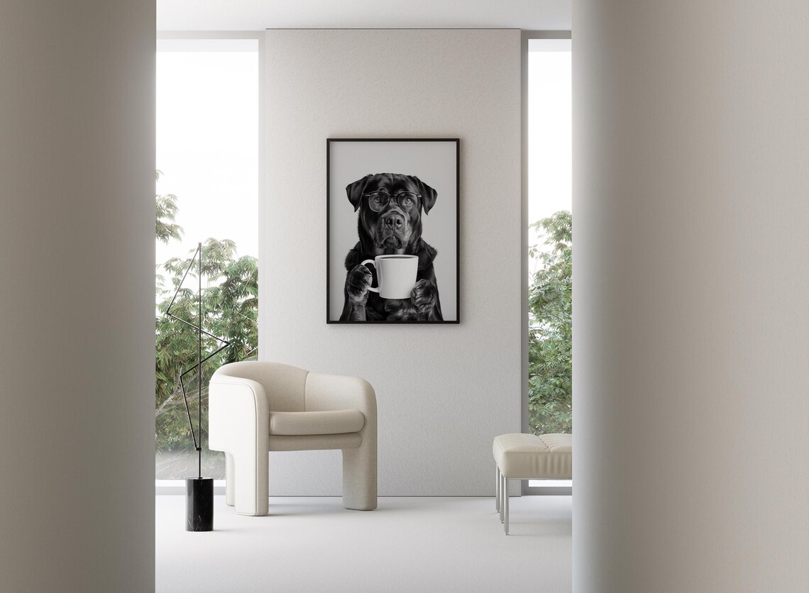 Rottweiler And Coffee Black And White Art Print - Image 3
