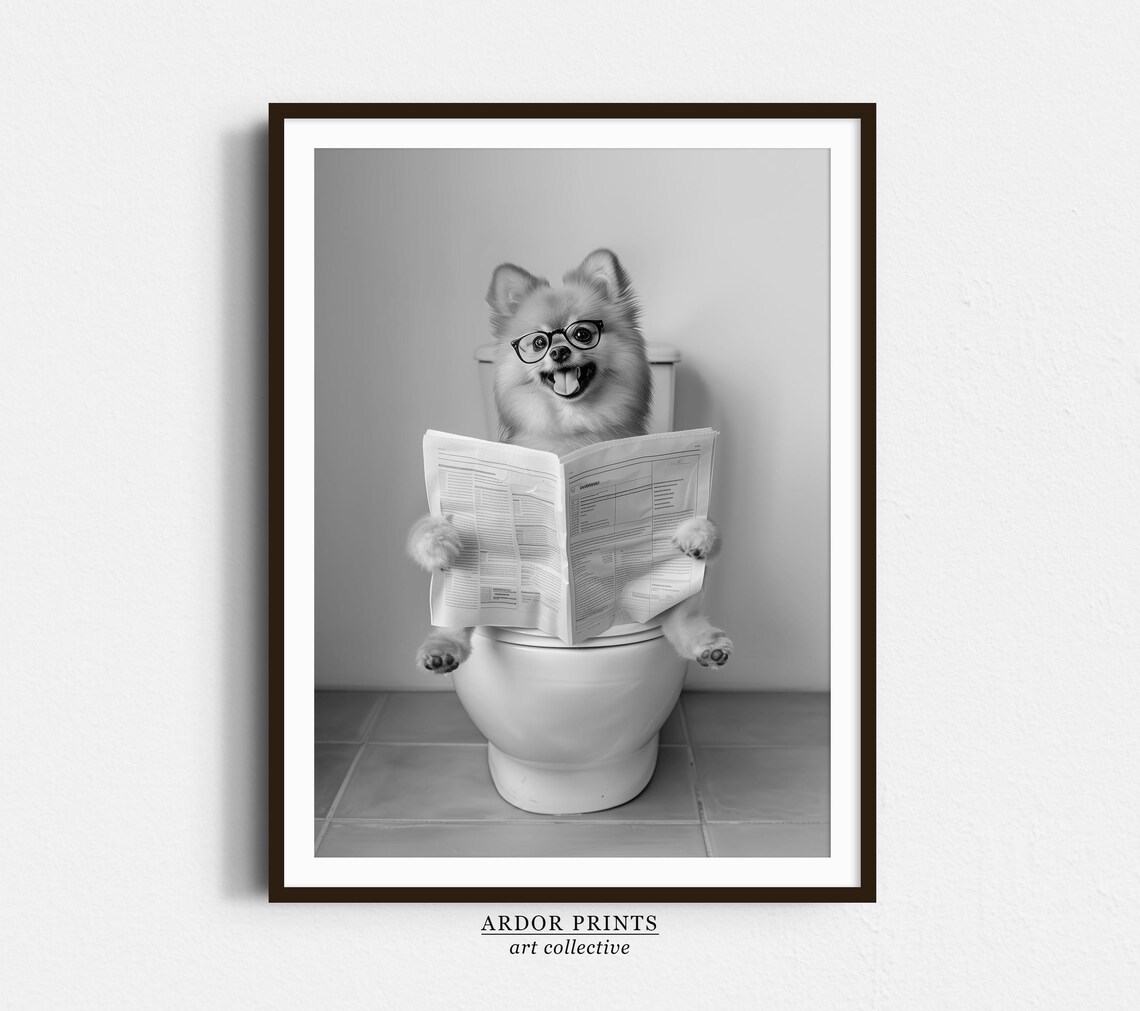 Pomeranian Reading Newspaper In Toilet Print Black And White Art Dog Gift Funny Dog Poster Dog Sitting On Toilet Bathroom Wall Art