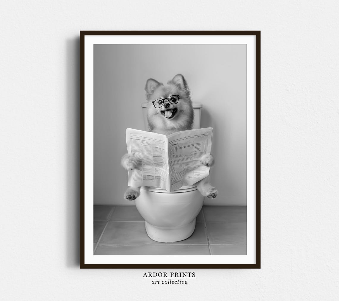 Pomeranian Reading Newspaper On Toilet Funny Bathroom Poster