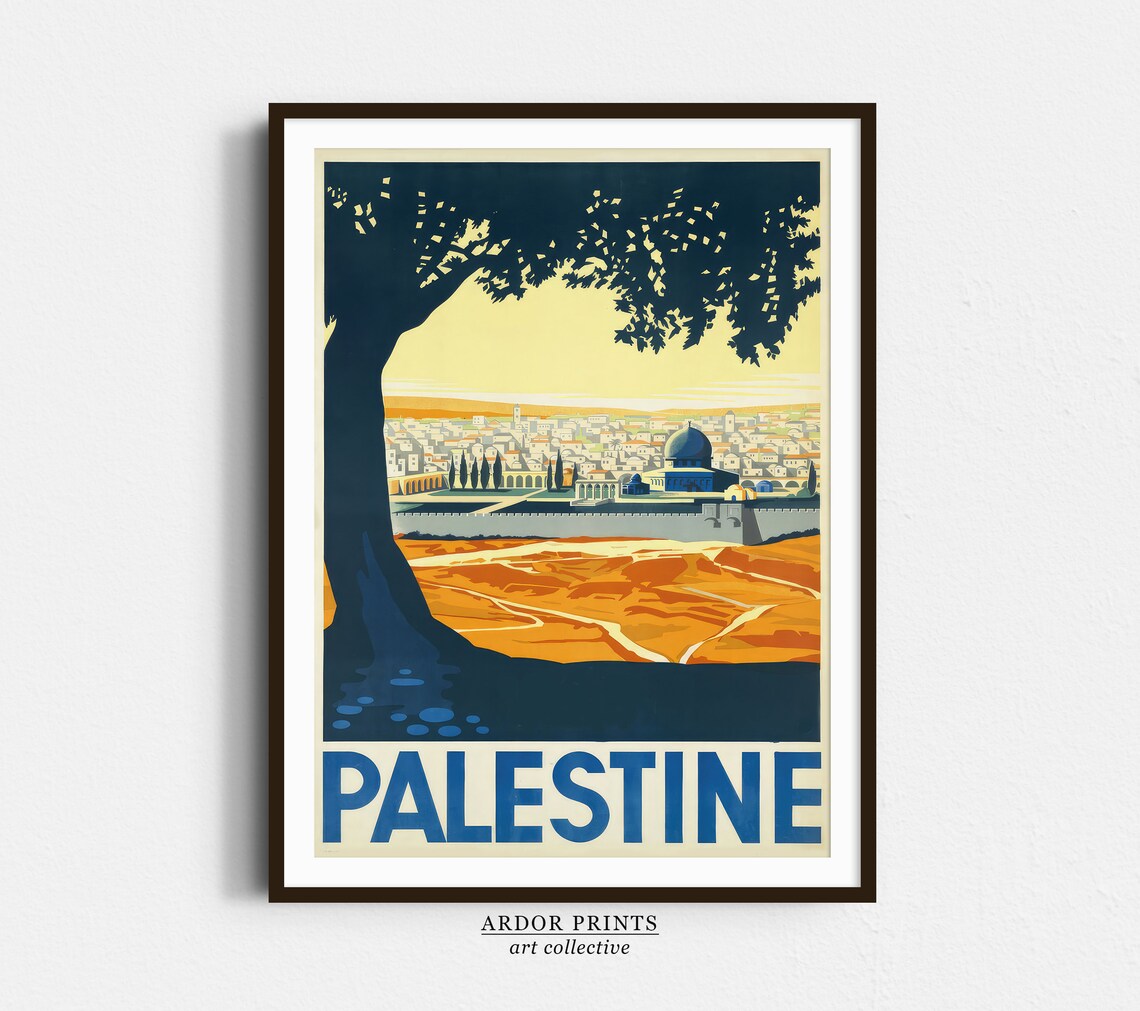 Vintage Palestine Travel Poster Jerusalem Skyline Art Deco Style