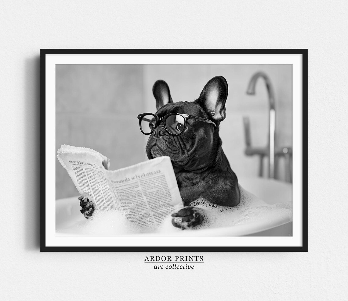 Black French Bulldog In Bathtub Bathroom Art Print