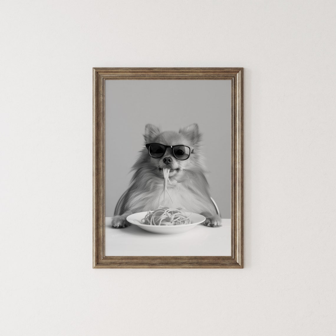 Pomeranian Eating Spaghetti With Sunglasses Black and White Poster - Image 2