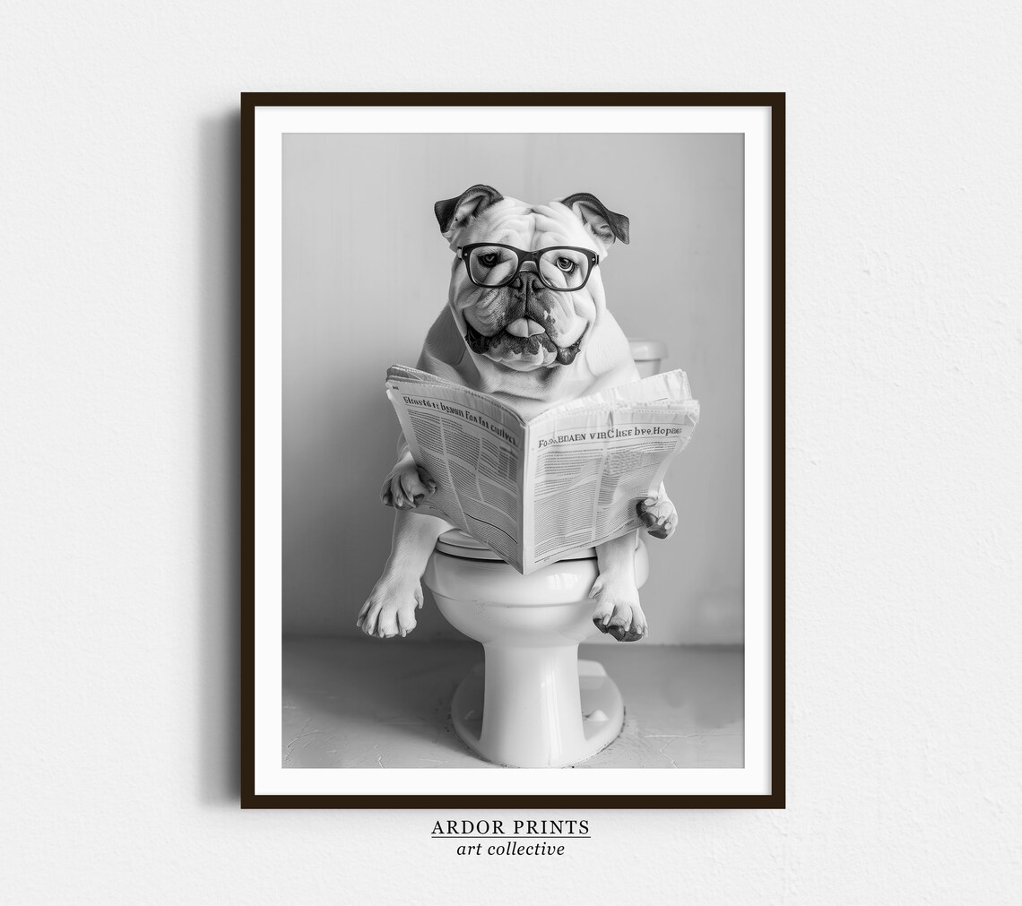 Bulldog Sitting On Toilet, Funny Dog Bathroom Art Print