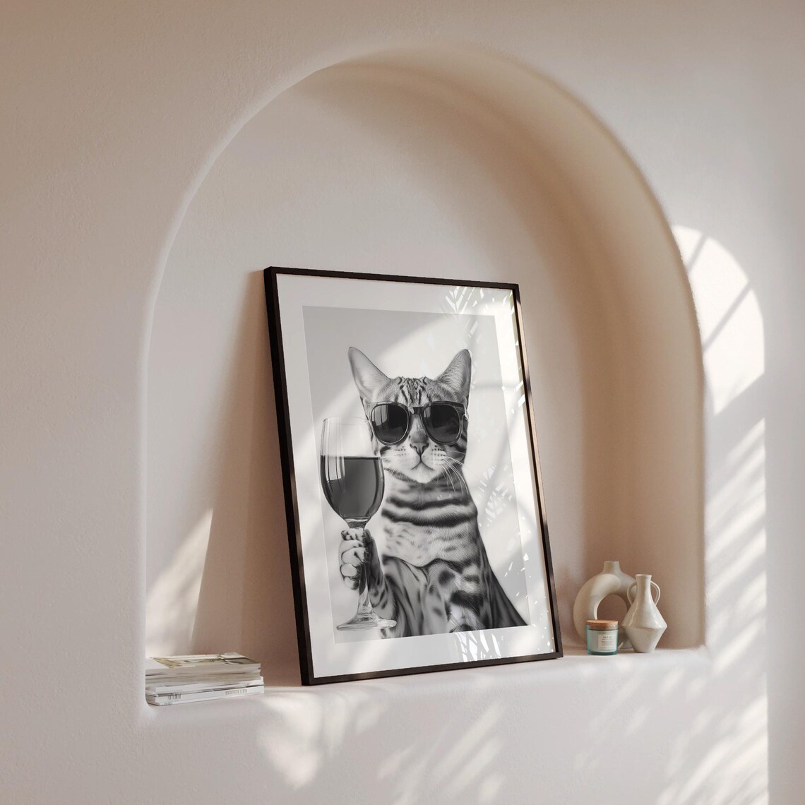 Bengal Cat Drinking Wine, Black and White Art Print - Image 4