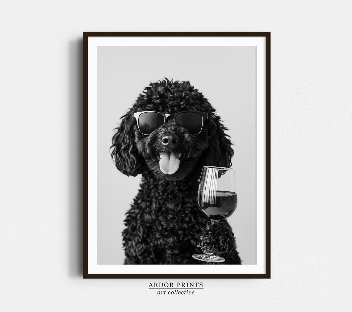 Black Goldendoodle Holding Wine Glass Sunglasses Funny Dog Poster